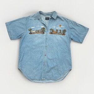 Vintage Denim Shirt Short Sleeve Women's L Embroidered Animal‎ Scene Noah's Ark